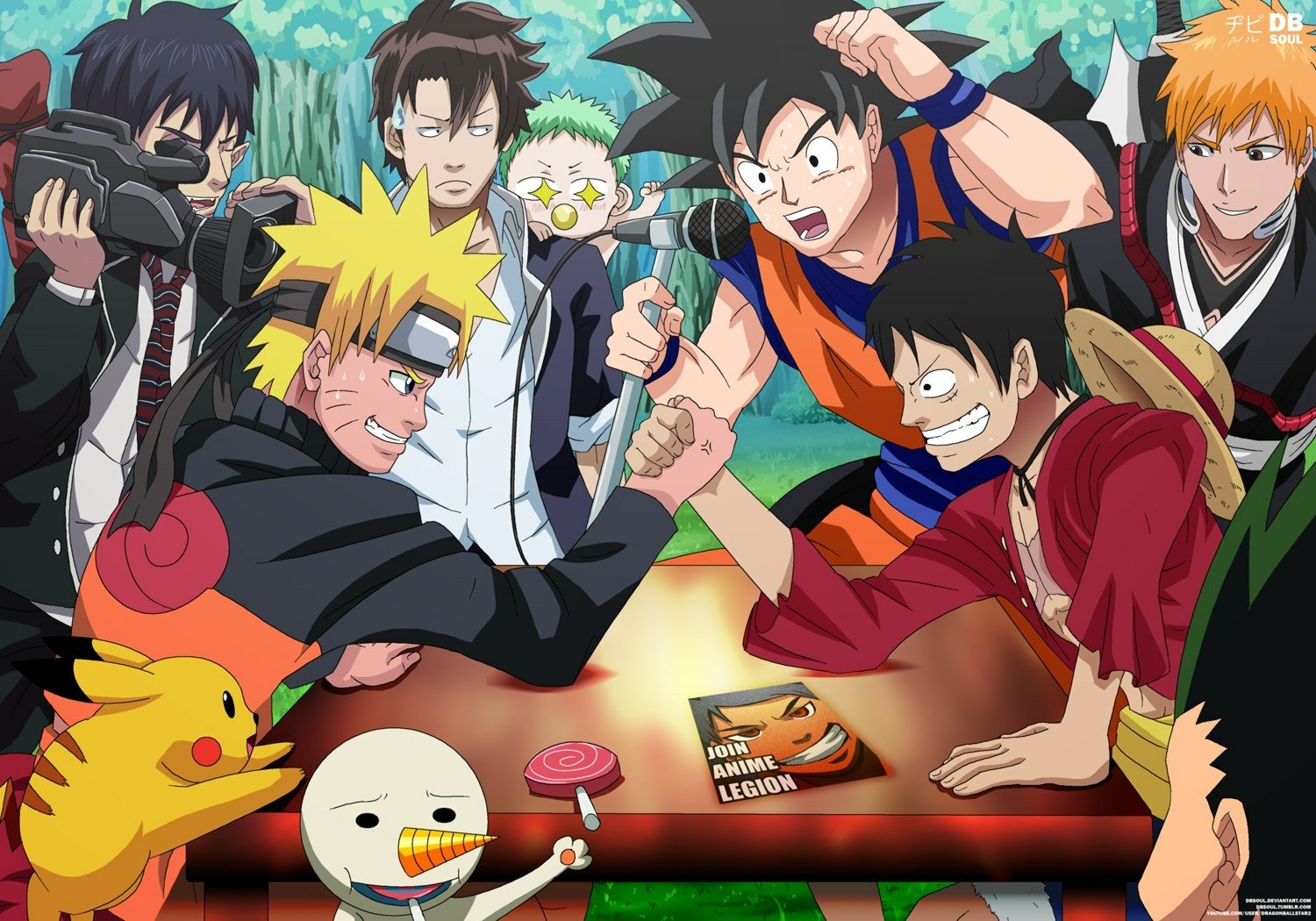 A vibrant anime crossover scene featuring Monkey D. Luffy, Ichigo Kurosaki, Naruto Uzumaki, Goku, Pikachu, and Rin Okumura engaged in a fun arm wrestling match.