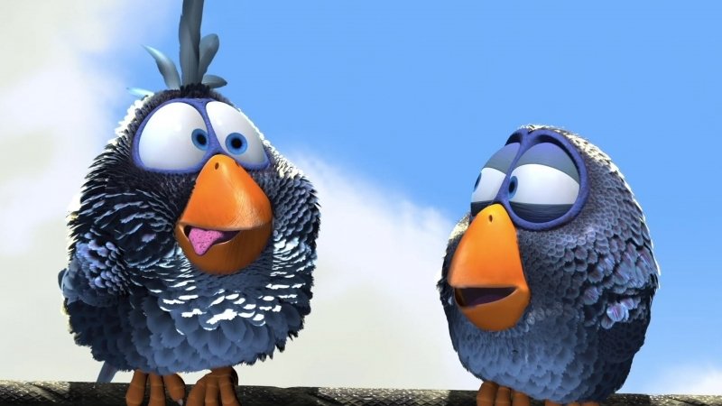 Two animated birds engage in a playful conversation under a blue sky, capturing a lighthearted moment from the movie For the Birds.