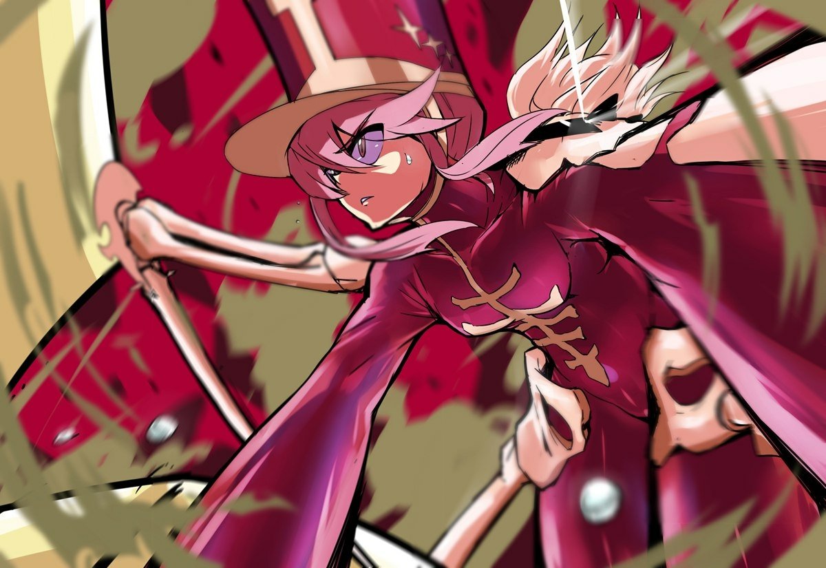 Anime image from Kill La Kill: a pink-haired character in a flowing red battle outfit lunges forward amid swirling motion lines.