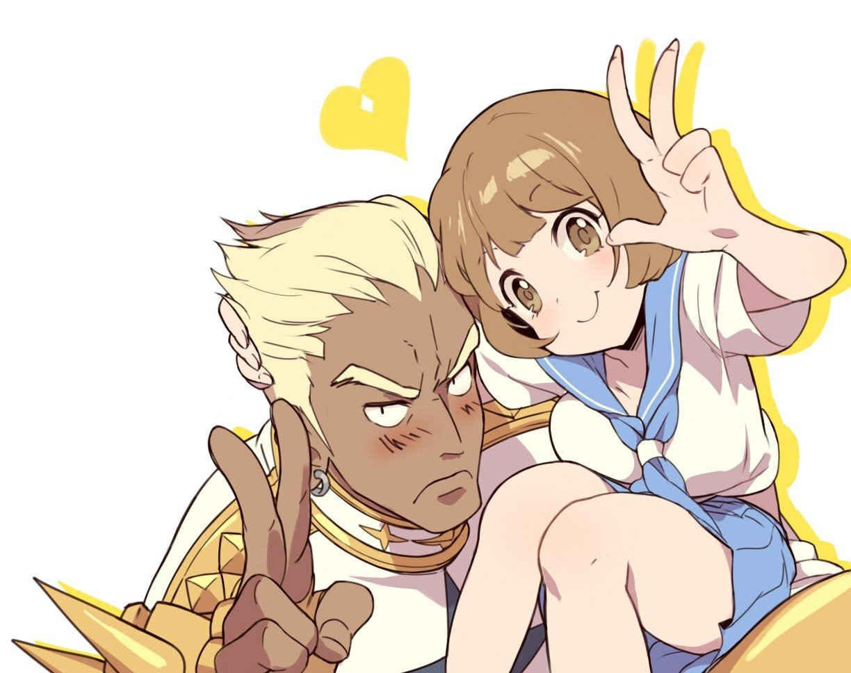 Kill la Kill fan art: a blushing, muscular blond man flashes a peace sign while a cheerful schoolgirl in a blue sailor uniform perches on him with a yellow heart behind them.