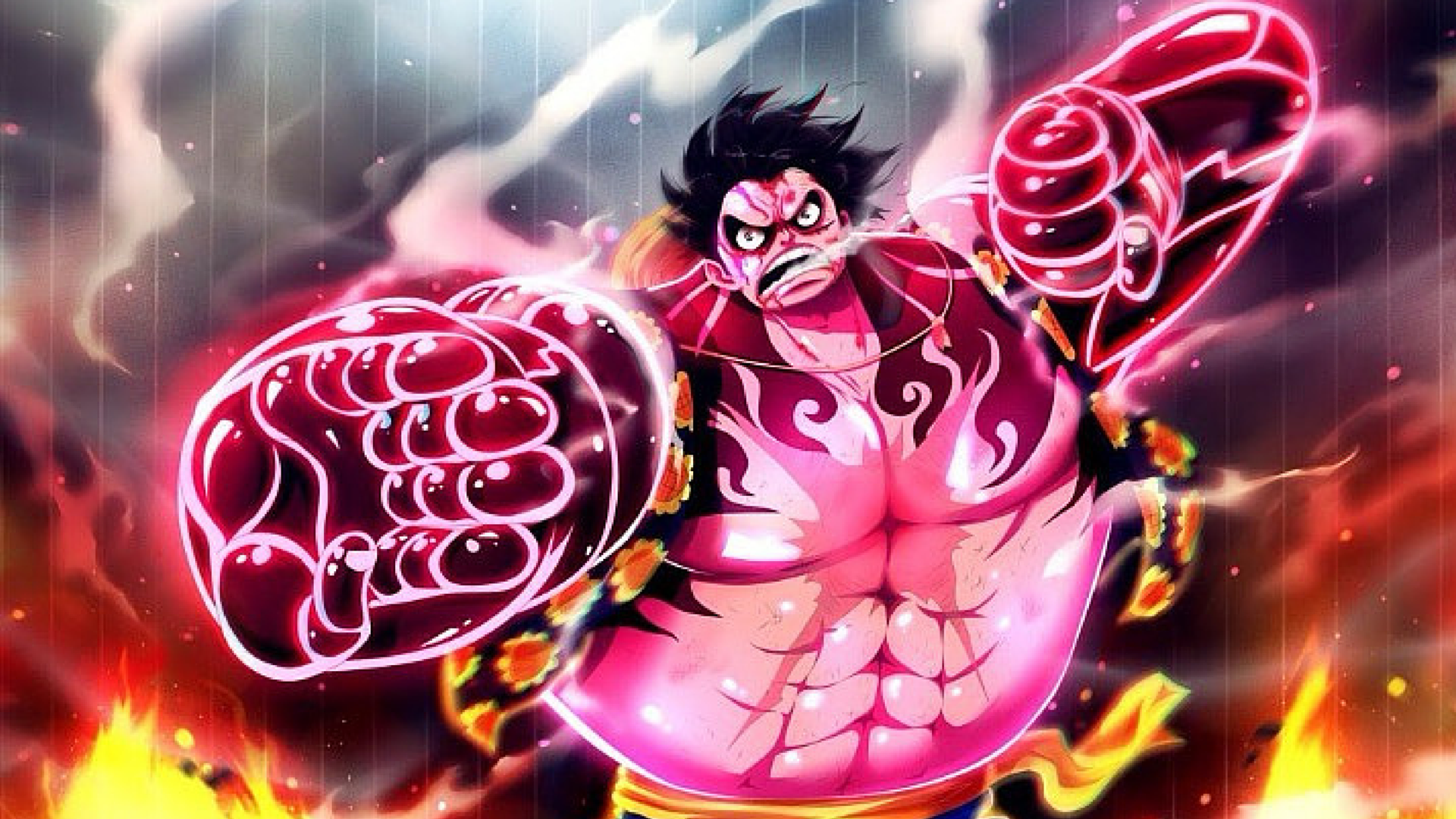 Anime, One Piece: Luffy in Gear Fourth (Boundman) with massive glowing Haki fists, fiery aura and rain-swept lightning sky, roaring as he lunges forward.
