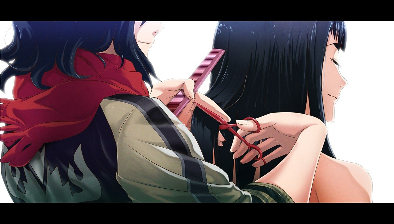 Anime, Kill La Kill: close-up of one character tying a red ribbon in another’s long black hair, gentle smiles and soft backlight capturing an intimate, quiet moment.