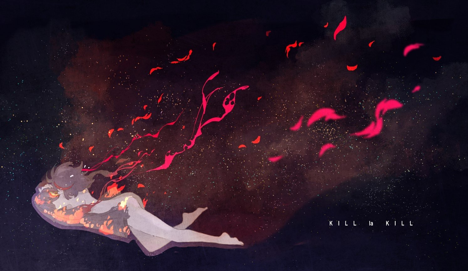 A stylized scene from the anime Kill La Kill showing a character engulfed in fiery red petals against a dark, starry background.