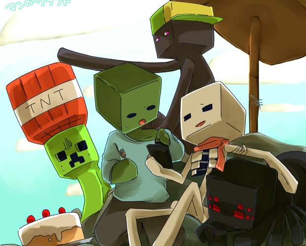 A colorful scene featuring Minecraft characters, including a creeper, a TNT block, and two blocky figures, enjoying each other's company under a sunny sky.