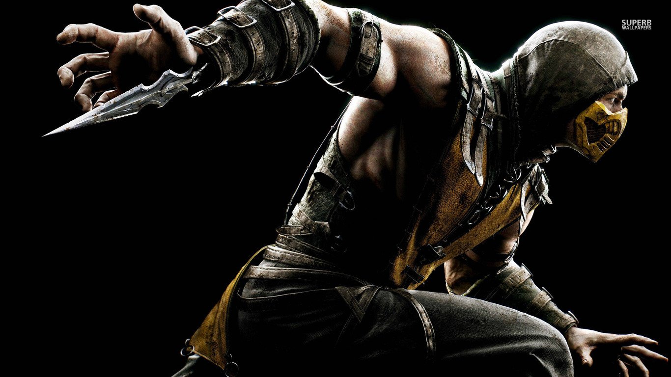 Scorpion, a fierce fighting character from the Mortal Kombat video game series, poised for battle with his iconic kunai spear.