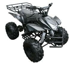 A gray quad vehicle with large off-road tires and a rear cargo rack, designed for rugged terrain.