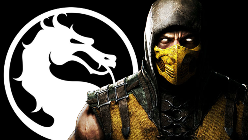 A character from the Mortal Kombat video game series, Scorpion stands confidently in front of the iconic Mortal Kombat logo, showcasing his signature yellow and black attire.