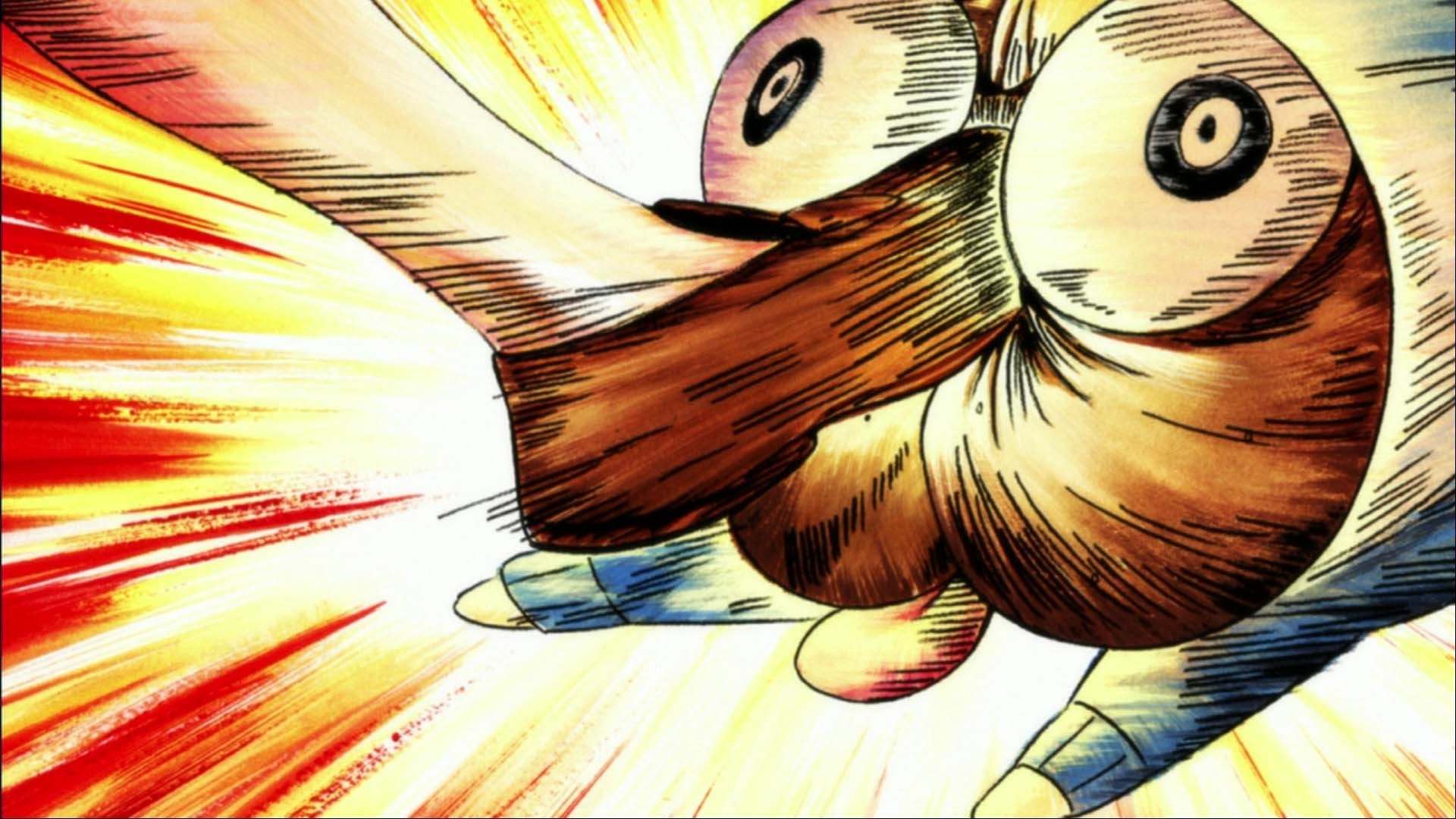 Anime — Kill La Kill close-up of a comically stretched face with bulging eyes, an elongated nose and explosive motion lines in bright reds and yellows.