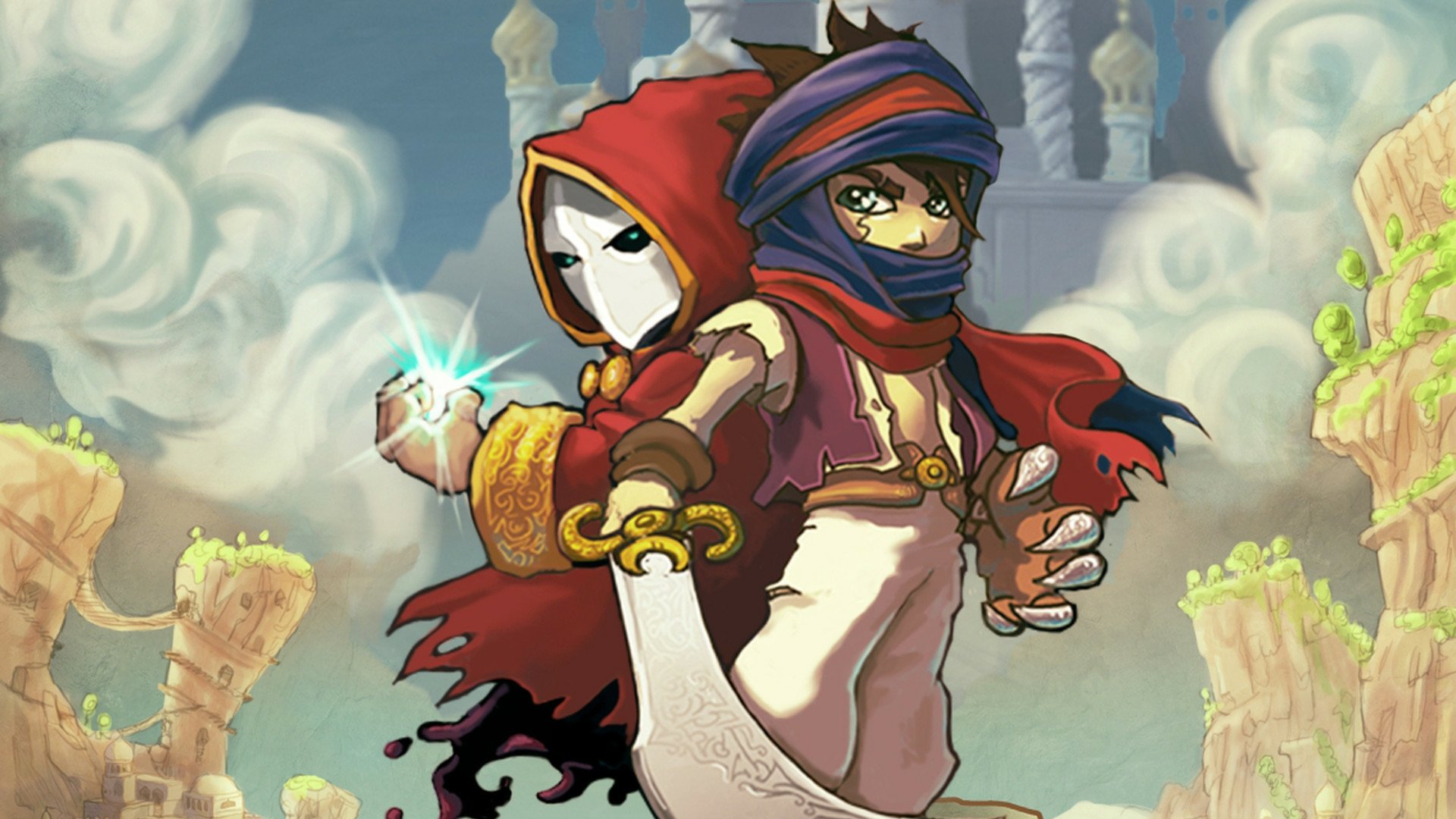 Video game art for Prince of Persia: The Fallen King — two figures back-to-back: a masked cloaked guardian holding a glowing gem and a robed prince with a curved sword.