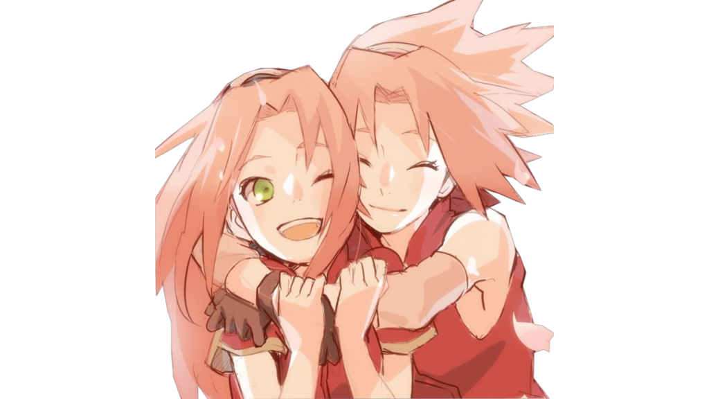 Two animated versions of Sakura Haruno from the anime Naruto embrace each other, smiling joyfully with bright pink hair and green eyes, showcasing a moment of friendship and camaraderie.