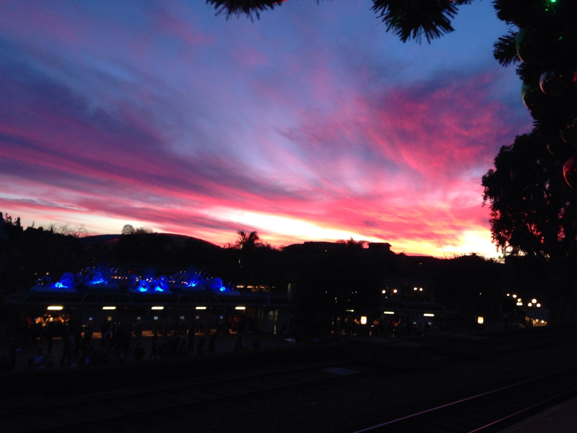 A vibrant sunset paints the sky in shades of pink and purple, with silhouettes of trees and distant lights illuminating the scene, captured beautifully in this photography image.