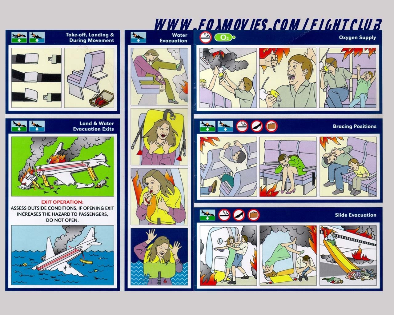 An illustrated safety guide featuring emergency procedures for a plane, integrated with themes from the movie Fight Club. Instructions cover evacuation and oxygen supply protocols.