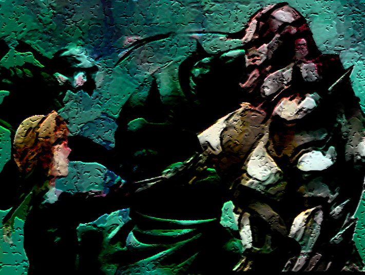 A dramatic scene from the anime Fullmetal Alchemist featuring Alphonse Elric in armored form confronting a dark, ominous figure amidst a textured, moody background.